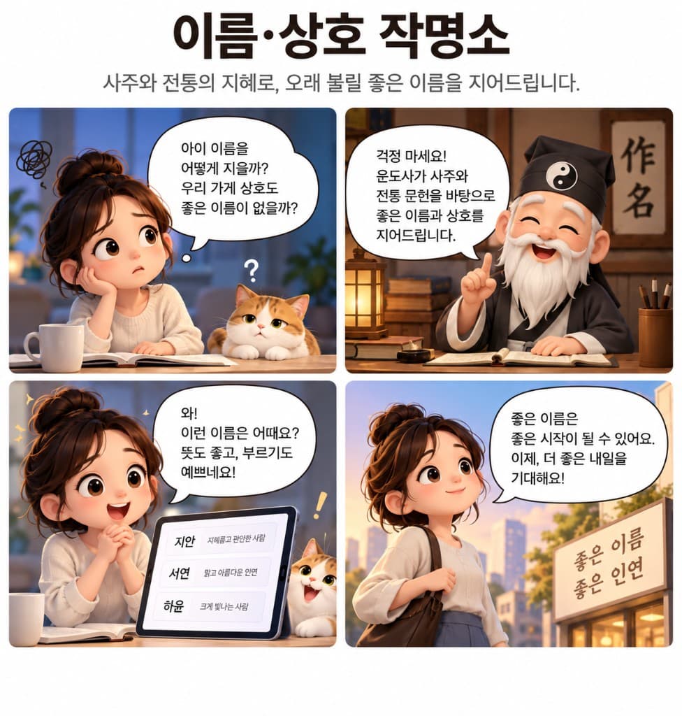 이름과 상호 작명을 소개하는 4컷 만화